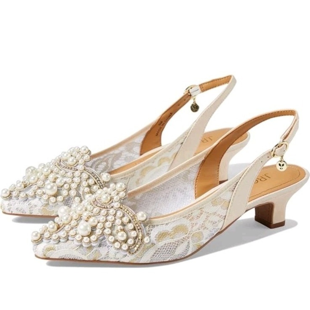 J. Renee Strovanni Ivory/Gold Lace Floral Pearl Ornament Slingback Kitten Heel 9